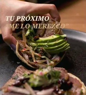 La Fundación 1596 gastronomy post: tacos topped with avocado, headline “Tu próximo me lo merezco”